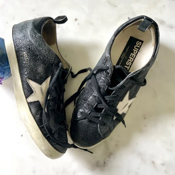 GOLDEN GOOSE Super-Star Black with White Star, Low Top Sneakers, Size 38